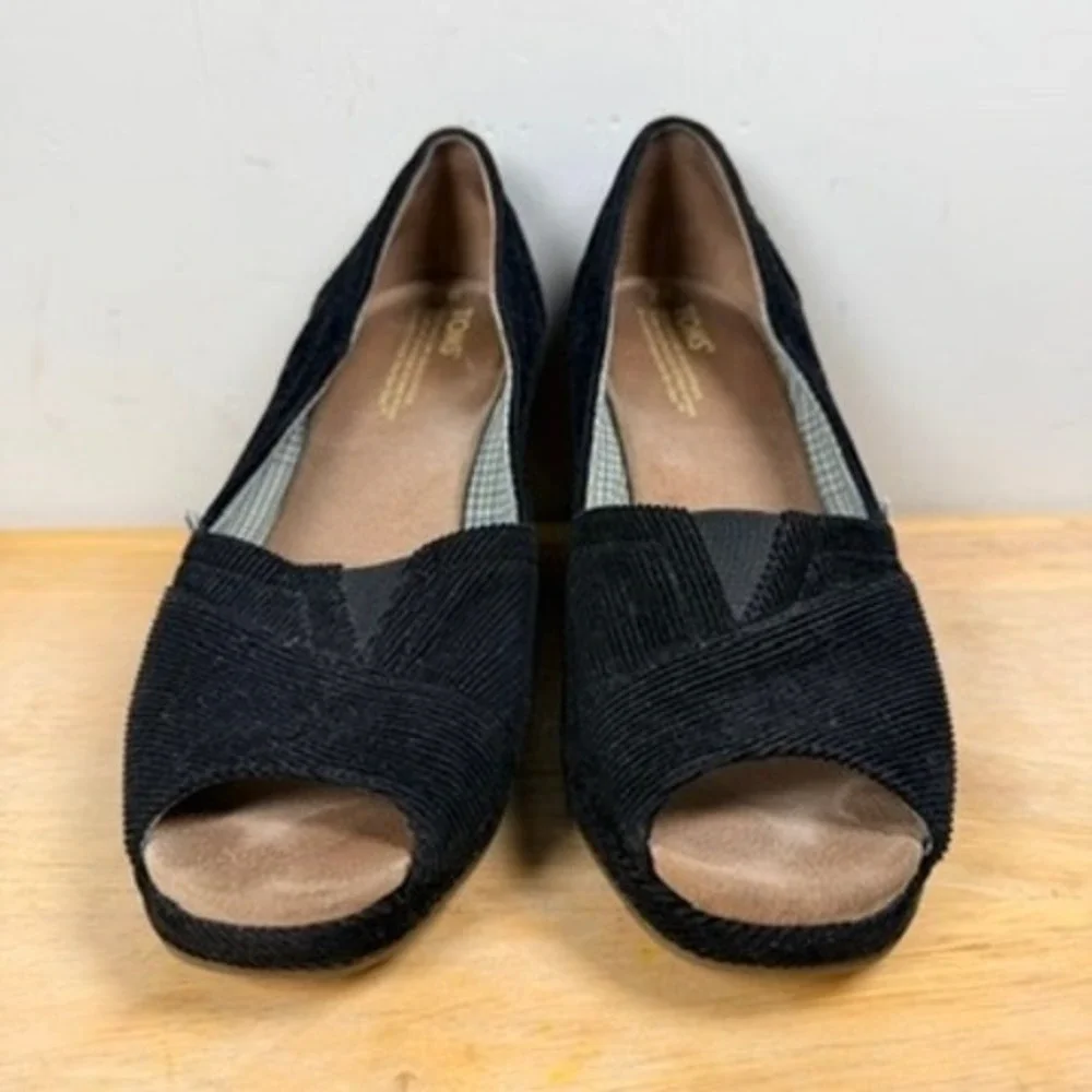 TOMS‎ Classic Espadrille Wedge Heels Womens 7 Black Corduroy Peep Toe Shoes Y2K